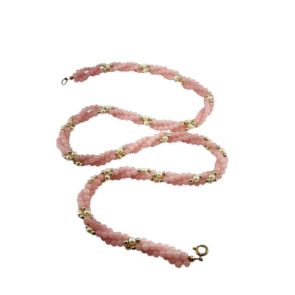 Pink Beaded Twisted Necklace with Gold Tone Accents Handmade Jewelry - Picture 3 of 7